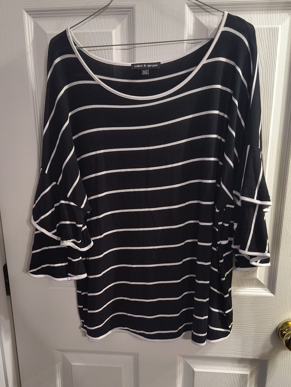 Cable & Gauge Black and White Striped Ruffle Sleeve Tunic